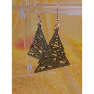 Green Triangle Christmas Tree Wooden Double Sided Reversible Earrings 2.5"x 2.5"